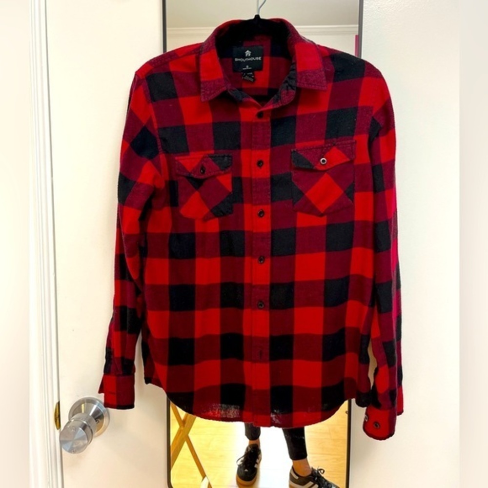 Comfy, soft red and black plaid button down shirt